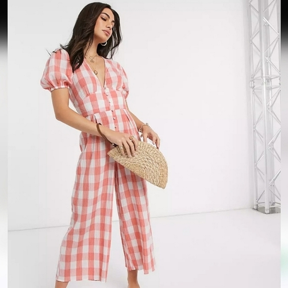 Asos Puff Sleeve Crinkle Tea Wide Leg Cropped Jumpsuit Gingham Plaid Crepe 10